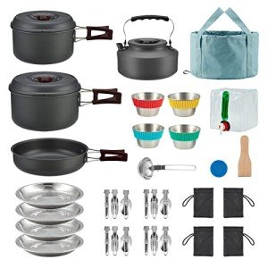 Bulin Camping Cookware Pots and Pans Set, Lightweight Backpacking Cooking Set Outdoor Cook Gear for Family Hiking Picnic (Kettle, Pot, Frying Pan, Bowls, Plates, Spoon)