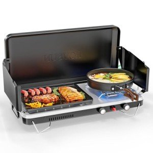 ROVSUN 2-in-1 Portable Camping Stove & Propane Grill with Enamel Griddle & Piezo Igniter, Tabletop Camp Stove with Built-in Handle, Wind Panel & Regulator for Outdoor Camping, Tailgating, Grilling