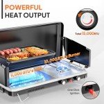 ROVSUN 2-in-1 Portable Camping Stove & Propane Grill with Enamel Griddle & Piezo Igniter, Tabletop Camp Stove with Built-in Handle, Wind Panel & Regulator for Outdoor Camping, Tailgating, Grilling