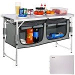 VEVOR Camping Kitchen Station, 3 Adjustable Height Folding Outdoor Camp Cooking Table with Storage Organizer, Quick Set-up for Patio BBQ Picnic Glamping Traveling