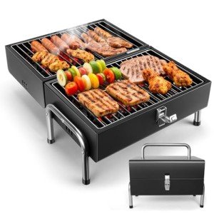 SUNLIFER Portable Charcoal Grill, Table Top Small BBQ Grill For Outdoor, Camping, Beach, Easy Assembly, Heavy Duty & Multi-Use Small Grill, Black (270 Sq.In)