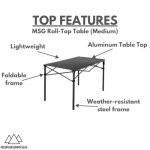 MOUNTAIN SUMMIT GEAR Heavy-Duty Roll-Top Table for Camping - Portable Aluminum-Top Folding Table with Steel Frame by Caddis Sports (Medium)
