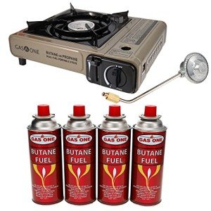 Gas One Propane or Butane Stove GS-3400P Dual Fuel Portable Camping and Backpacking Gas Stove Burner with Carrying Case Great for Emergency Preparedness Kit (Gold) (Stove + 4 Butane Fuel)