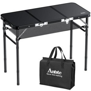 Anbte Folding Camping Table with Storage Net, 3ft Camping Table Aluminum Folding Table with 3 Adjustable Height Max 27.5 Inch Picnic Table Portable Table for Outdoor Backyard BBQ, Pure Black