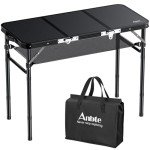 Anbte Folding Camping Table with Storage Net, 3ft Camping Table Aluminum Folding Table with 3 Adjustable Height Max 27.5 Inch Picnic Table Portable Table for Outdoor Backyard BBQ, Pure Black