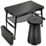 KPR Retractable Small Folding Table and Stool Set, Portable Camping Foldable Table Lightweight Yet More Sturdy with Adjustable Stool for Outdoor Picnic, Beach, Camp, Also Ideal as Laptop Bed Desk