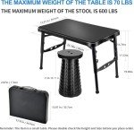 KPR Retractable Small Folding Table and Stool Set, Portable Camping Foldable Table Lightweight Yet More Sturdy with Adjustable Stool for Outdoor Picnic, Beach, Camp, Also Ideal as Laptop Bed Desk
