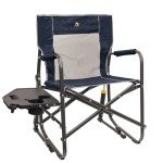 GCI OUTDOOR Freestyle Rocker with Side Table Camping Chair | Portable Folding Rocking Chair with Solid, Durable Armrests, Drink Holder & Comfortable Backrest — Heathered Indigo