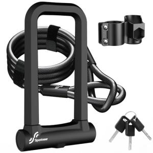 Sportneer Bike Lock: 18mm Heavy Duty Anti Theft Bike U Lock with 5ft Security Steel Cable - Shackle Bicycle U-Locks with 3 Keys & Sturdy Mounting Bracket for Road, Mountain, Electric & Folding Bike