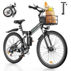 isinwheel M40 Folding Electric Bike for Adults with Basket, Full Suspension, 21700 Cell 10Ah Battery, Dual USB Charging Ports, 20mph Ebike, 500W Electric Mountain Bike, 26" Foldable Electric Bicycles
