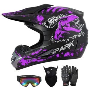 SPARK Youth Kids Dirt Bike Helmets - Lightweight & Vented, Full Face, 4Pcs Set with Gloves, Goggles & Mask for Ages 5-14 (Motocross ATV Off-Road) DOT Approved (Dino Purple, Small)