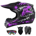 SPARK Youth Kids Dirt Bike Helmets - Lightweight & Vented, Full Face, 4Pcs Set with Gloves, Goggles & Mask for Ages 5-14 (Motocross ATV Off-Road) DOT Approved (Dino Purple, Small)