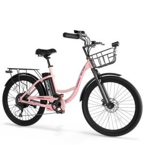 DDC SPORT Electric Bike for Adults, Peak 700W Motor 20MPH, 374.4WH Removable Battery 45Miles, 24'' Step Through City Cruiser Ebike for Women/Men/Teens, Commuter E-Bike, 7-Speed, Front Basket