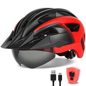 FUNWICT Adult Bike Helmet with Visor and Goggles for Men Women Mountain Road Bicycle Helmet Rechargeable Rear Light Cycling Helmet (M: 54-58 cm (21.3-22.8 inches), Black Red)