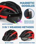 FUNWICT Adult Bike Helmet with Visor and Goggles for Men Women Mountain Road Bicycle Helmet Rechargeable Rear Light Cycling Helmet (M: 54-58 cm (21.3-22.8 inches), Black Red)