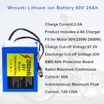 Wroyeti 60V 25Ah Electric Bike Lithium Ion Battery 60Volt Battery 25Ah Ebike, XT60 Extension Cord, XT90 Connector, Anderson Connector for 200-2000W Motor