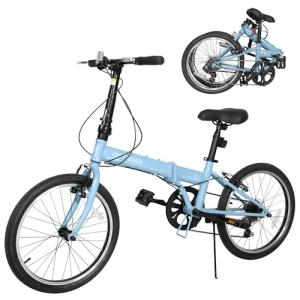 Brightpeak 20-inch 7-Speed Folding Bike - Lightweight Aluminum Frame, Adjustable Stem, Easy Fold for Commuting & Storage (Blue)