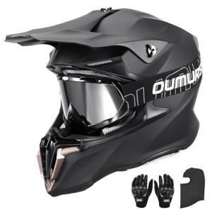 OUMURS Adult ATV Dirt Bike Helmet with Gloves & Mask Adjustable Sun Visor Motorcycle Adult Helmet Off-Road Motocross Downhill MX for Unisex-Adult - 806 Matte Black, L
