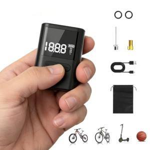 Roadvo Mini Pump 120PSI,Portable Electric Bike Pump with Digital Gauge,Tiny Air Pump with Presta and Schrader Valve Adapter, Bicycle Accessory for Road Bike,Mountain,City, E-Bike