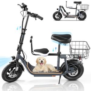 Caroma 819W Peak Electric Scooter with Seat, 22 Miles Max Range Electric Scooter for Adults&Teens, 20mph Top Speed Foldable Commuter Ebike, Adjustable E-Scooters with Basket