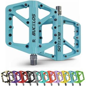 BUCKLOS Mountain Bike Pedals MTB Pedals Flat, Bicycle Road Bike Adult Large Platform Pedal with Non-Slip Grips for Gravel/Ebike/Hybrid Bikes/Beach Cruiser(9/16 Nylon Blue)