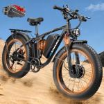 7000W Peak Dual-Motor-Ebike for Adults with 52V 34AH(1768Wh) Battery, 45MPH Fast E-Bike 100 Miles, 24" Fat Tire Electric Bike for Adults, Full Suspension Electric Bicycle Snow Off-Road (Black)
