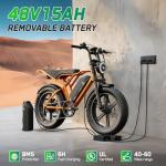TST Electric Bike for Adults, 1500W Peak Motor 28 MPH 60 Miles Fat Tire E Bike with 48V 15Ah Removable Battery 20" Electric Dirt Bike Hydraulic Suspension, Orange, Safety Tested to UL 2849