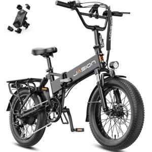 Jasion EB7 20" Foldable Electric Bike Fat Tire for Adults, 1200W Peak, 48V Removable UL-Certified Battery, 28MPH 55 Mi Range Commuter Electric Bike with Dual Suspension for City,Beach,Snow,Mountain