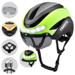 Favoto Bike Helmet with Turn Signals - CPSC Certificated Dual Shell Helmet with Removable Visor & Goggles USB Rechargeable Front and Back LED Lights, Green, Large, HT-16