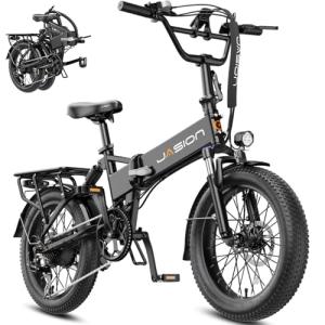 Jasion EB7 20" Foldable Electric Bike Fat Tire for Adults, 1200W Peak, 48V Removable UL-Certified Battery, 28MPH 55 Mi Range Commuter Electric Bike with Dual Suspension for City,Beach,Snow,Mountain