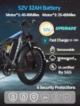 Peak 3000W Dual Motor Electric Bike for Adults, 52V 23AH, 80Mile & 38MPH E-Bike Fat Tire Full Suspension Electric Bicycles, 7 Speed AWD Mountain Ebikes, Hydraulic Disc Brake, UL 2849 (26'', Blue)