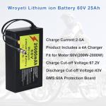 Wroyeti 60V 25Ah Electric Bike Lithium Ion Battery 60Volt Battery 25Ah Ebike, XT60 Extension Cord, XT90 Connector, Anderson Connector for 200-2000W Motor