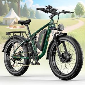 PUJH 6000W Dual Motors Electric Bike for Adults,60V 20Ah 26" Fat Tire Ebike,45 mph up to 100 Miles Full Suspension Class 3 Electric Bicycle for Snow Off Road Mountain Hunting Commuter