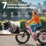 PUCKIPUPPY Electric Bike for Adults 960W, 26" Fat Tire, Step-Through Design Electric Mountain Hunting Bike, 48V 15AH Max 28MPH Off-Road Ebike with Rear Storage Shelf (Purple)