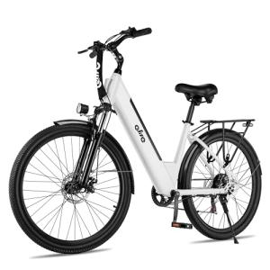 Qlife Cityone 26" Electric Bike for Adults, Peak 750W Step-Through Ebike, 40-Mile Range, Up to 22 MPH, Removable Battery, 7-Speed Commuter Electric Bike, City Comfort Ride, White/FR