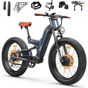 FREESKY 4000W Dual Motor Electric Bike for Adults, 40+MPH AWD Fast E-Bike, 48V 30AH Battery 120Miles Range, 26" Fat Tire Full Suspension Off-Road Mountain E Bike, Blue Grey