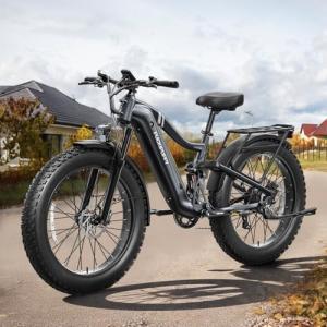 PUCKIPUPPY Boxer Electric Bike for Adults 960W, 48V 20AH Battery Ebike, Full Suspension 26" Fat Tire E Bike, 28MPH 80Miles Range Mountain Electric Bicycle, 7 Speed Hydraulic Disc Brakes