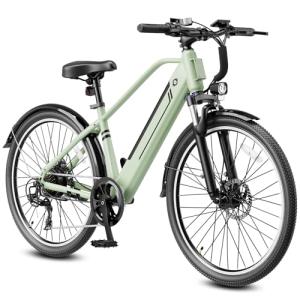 Jasion Roamer Electric Bike for Adults 1200W Peak Motor 528WH Removable Battery,up to 60miles 28MPH City Cruiser Ebike,26'' Commuter E Bike, 7-Speed Gears and Front Suspension Bicycles,Green
