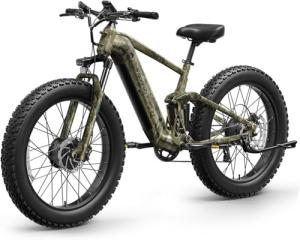 PUCKIPUPPY Dual Motor Electric Bike for Adults, 48V 20AH Battery, Full Suspension 26" Fat Tire E Bike, 28MPH 80Miles Range Mountain Electric Bicycle, 7 Speed, Golden Retriever