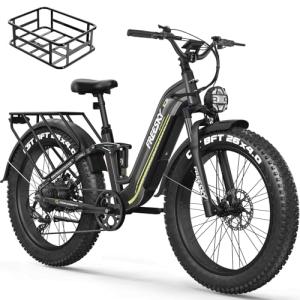 FREESKY Wildcat Pro Electric Bike for Adults, 105Miles Long Range Ebike, 25A Battery, 37MPH & 3000W Step-Thru 26'' Fat Tire 85% Reduce Bump Full Suspension E Bike Womens/Man