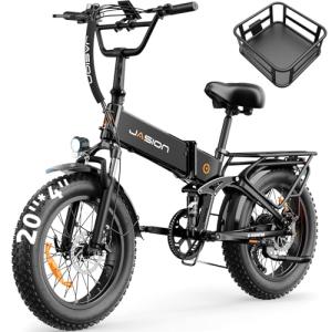 Jasion X-Hunter Electric Bike for Adults,1400W Peak Motor 30MPH 70+ Miles Foldable Ebike,624WH Removable Battery,Full Suspension 20’’*4 Fat Tire Bicycle for Commute,Snow,Mountain,7-Speed,Black+Grey