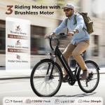 Jasion 26" Electric Bike for Adults,1200W Peak Motor 28MPH City Commuter Ebike,50 Miles Range,Internal Removable Electric Bicycle,4 Riding Modes and Front Fork Suspension,UL2849 Certified