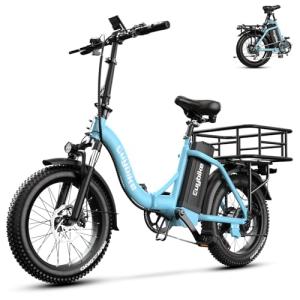 EUYBIKE 1000W Peak Folding Electric Bike City Commuter Ebike, 48V 20AH Lithium Battery, 20" Fat Tire 7-Speed Colourful LCD Display City Commuter Step-Thru E-Bicycle Blue with Rear Basket
