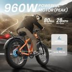 PUCKIPUPPY Electric Bike for Adults with 960W(Peak), 26" Fat Tire Electric Mountain Bike，48V 15AH Removable Battery Ebike, 28MPH Aluminum Frame E Bike with Rear Storage Shelf, Beagle(Orange)