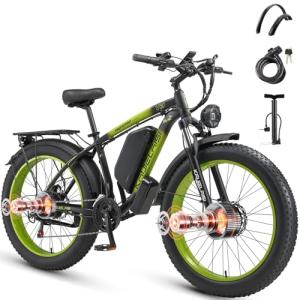 AWD Electric Bike for Adults, Peak 4000W Power 26” Fat Tire Ebike, Dual Motor Electric Bicycles, 48V 22.4AH Removable Battery Fast Dual Hydraulic Brakes 21-Speed All Terrain E-Bikes (V3, Black-Green)