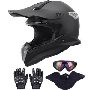 OUMURS Adult Dirt Bike Helmet with Goggles Gloves & Mask Adjustable Sun Visor Motorcycle Adult ATV Helmet Off-Road Motocross Downhill Moped MX BMX for Unisex-Adult-Matte Black-188, L