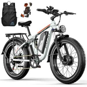 PHJU 6000W 60V Dual Motors Electric Bike for Men, 24'' Fat Tire Max 45 mph 100 Miles Full Suspension Hydraulic Brake Class 3 AWD Off Road Hunting Fast Ebike for Adults (White)