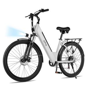 Qlife Cityone 48V Step-Through Electric Bike for Adults & Teens, Long-Range Commuter Ebike, Up to 25 MPH Faster Ride, Extended Battery, 26-Inch Tires, 7-Speed, White