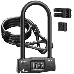 Sportneer Bike Lock: 14mm Keyless Combination U Lock with 5ft Security Steel Cable - Heavy Duty Anti Theft Shackle Bicycle U-Locks with Mounting Bracket for Bike Scooter Door, Size 9.05''x4.9''