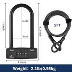 Sportneer Bike Lock: 14mm Keyless Combination U Lock with 5ft Security Steel Cable - Heavy Duty Anti Theft Shackle Bicycle U-Locks with Mounting Bracket for Bike Scooter Door, Size 9.05''x4.9''